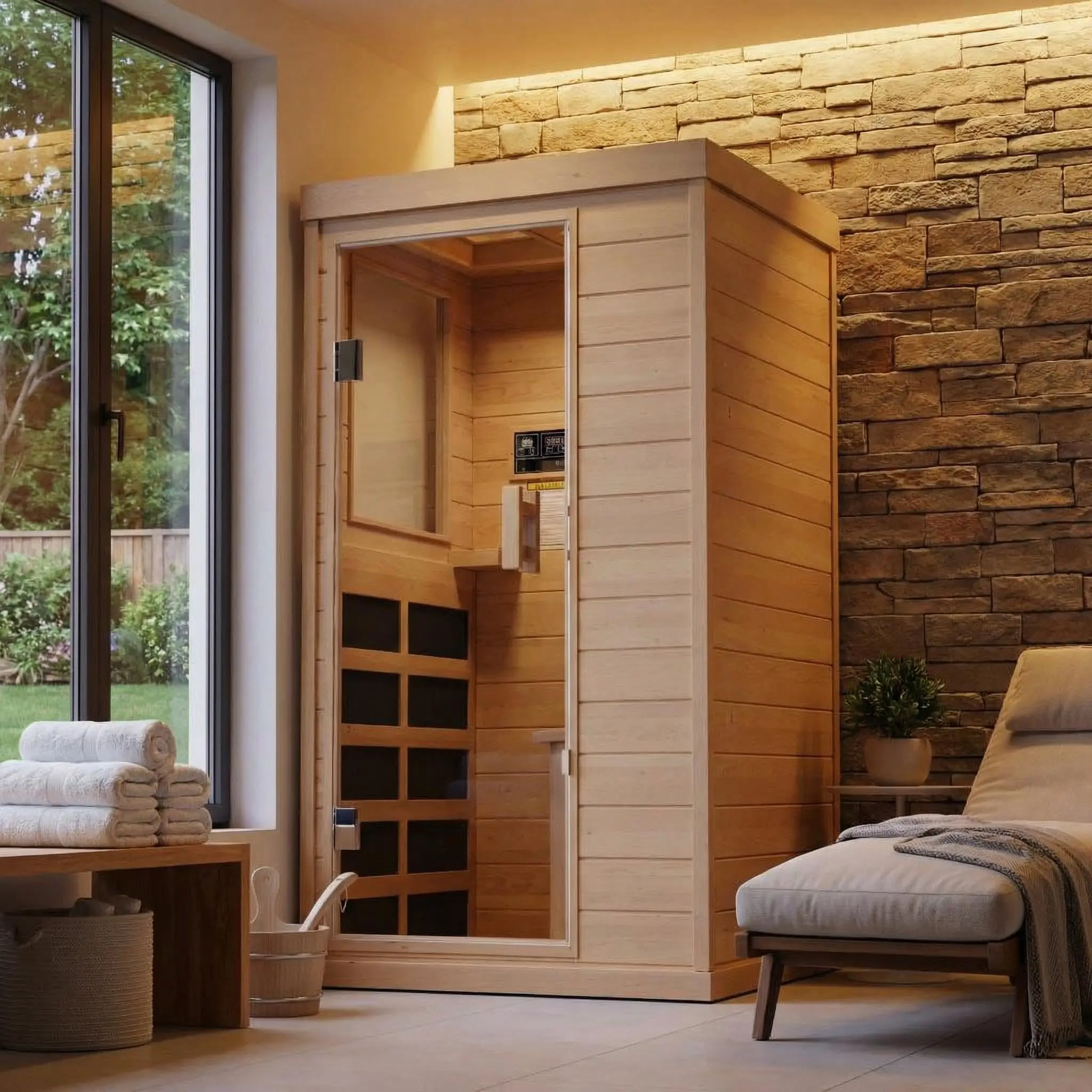 Far Infrared Sauna 1 Person Indoor Dry Sauna with Low EMF 1200W/110V Heaters Panels, Chromotherapy, MP3 Speaker, 110V & Tempered Glass Door, Full Body for Home & Gym, 32.7 * 27.6 * 60 Inch