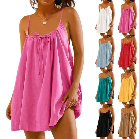 Danedvi Women's Basic Adjustable Solid Linen-Cotton Spaghetti Strap Sleeveless Tie-Back Mini Cami Jumper Dress with Pockets - Everyday Casual Wear, Beach Bathing Suit Cover Up