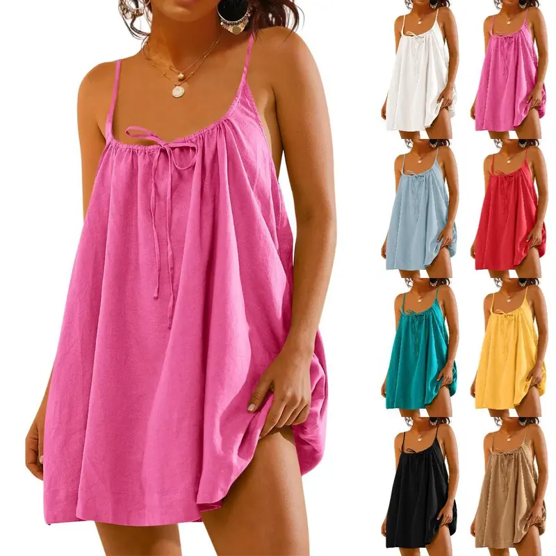 Danedvi Women's Basic Adjustable Solid Linen-Cotton Spaghetti Strap Sleeveless Tie-Back Mini Cami Jumper Dress with Pockets - Everyday Casual Wear, Beach Bathing Suit Cover Up
