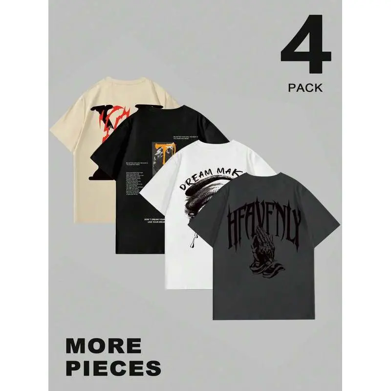 Manfinity EMRG 4-Pack Men's Graphic Print T-Shirts Pack,Short Sleeve Crew Neck Regular Fit,Geometric Pattern,Black And White,Summer,Casual,Streetwear,City Break,Y2k