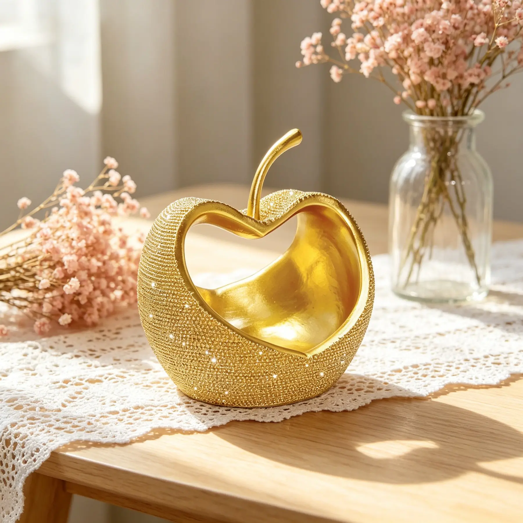 Luxury Resin Apple Ornament, Heart Cutout Design, Creative Home Decor for Living Room TV Stand, All-Festival Gift