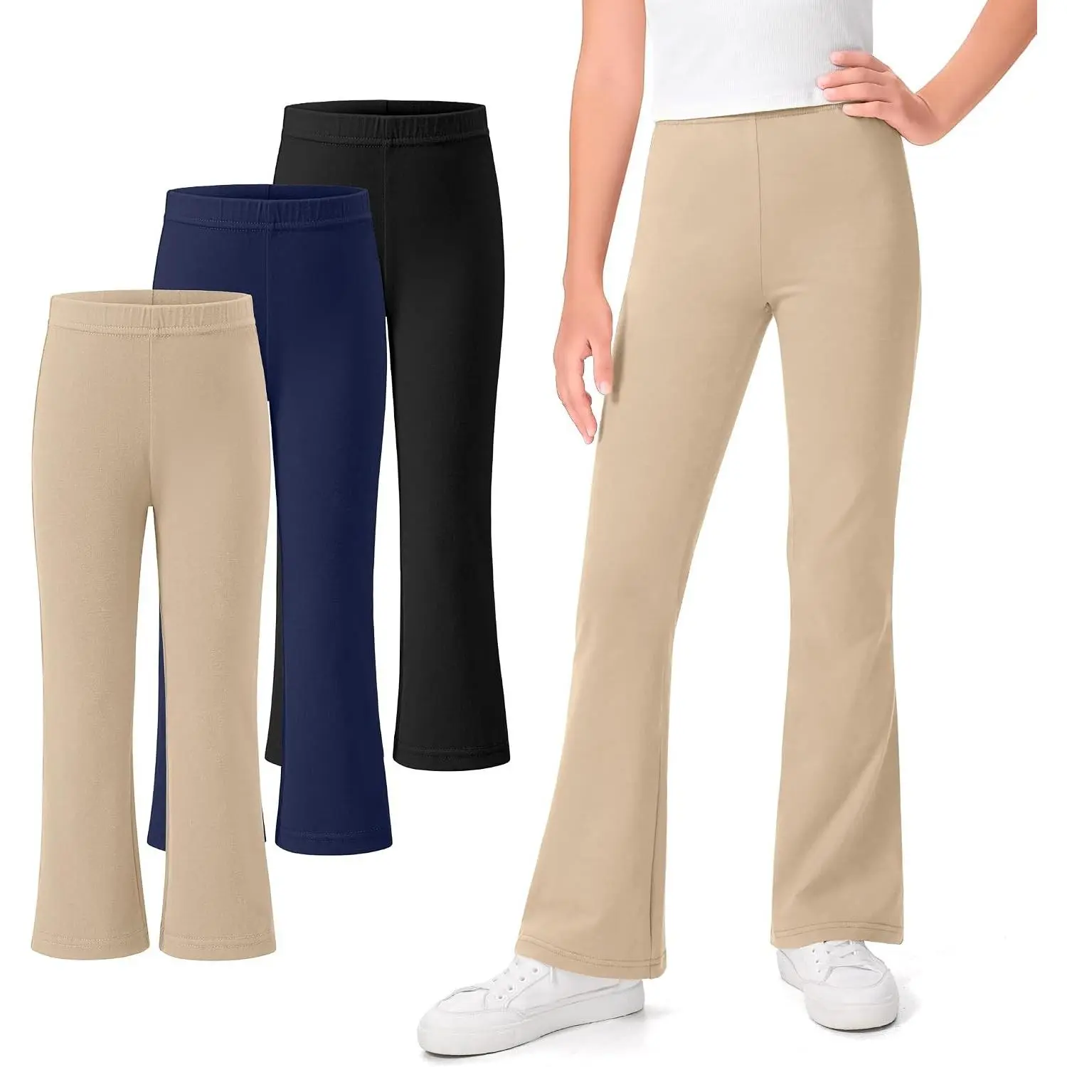 3 Pack School Uniform Pants for Girls Flare Bell Bottoms Leggings