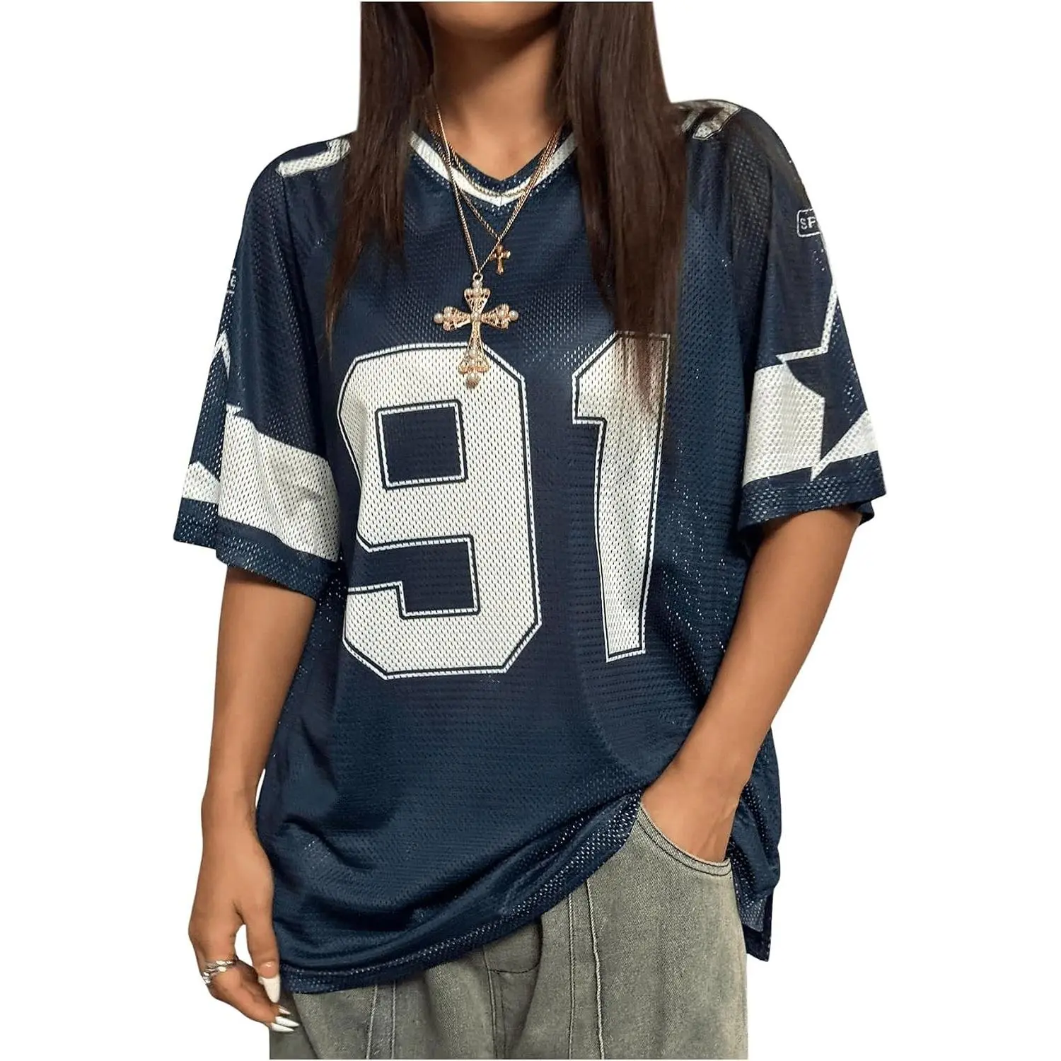 Women's Graphic Print Football Jersey Top - V-Neck, Short Sleeves, Drop Shoulder, Soft Fabric, Loose Streetwear T-Shirt