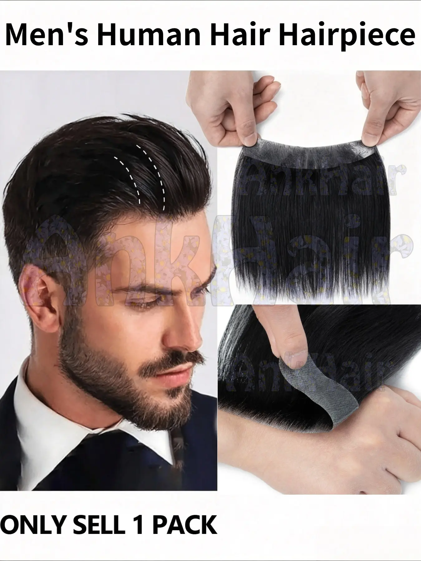 Men's Hairline Wig Human Hair Toupee, Realistic Hairpieces, Basic Style, Straight Hair, Receding Hairline Restoration, Suitable for All Men