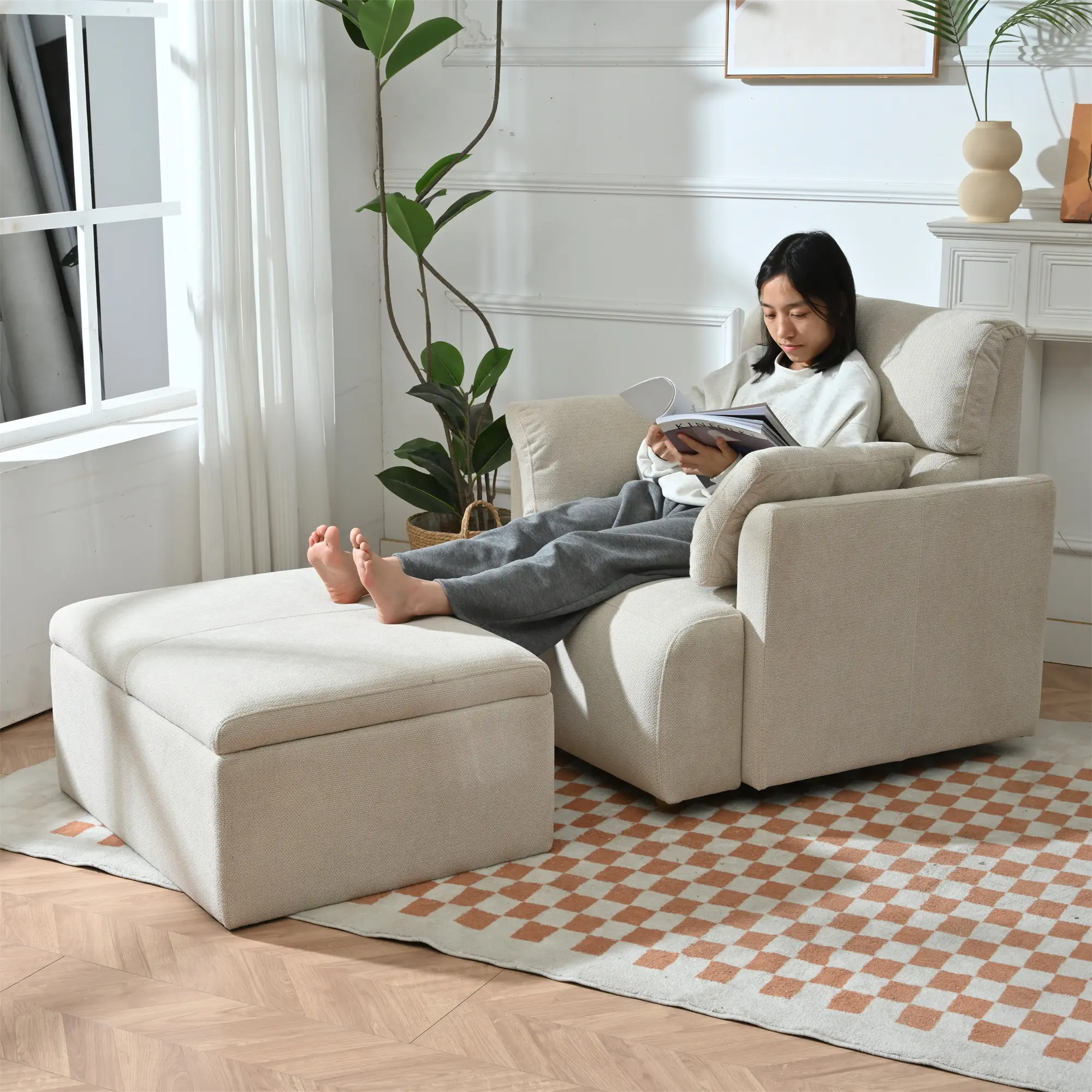 ARCH Oversized Accent Chair with Storage Ottoman Set, Modern Upholstered Wide Armchair for Living Room, Comfy Deep Seat Lounge Chair with Snowflake Velvet Fabric and Solid Wood Frame, Beige Grey, 350lbs Capacity, Beige+Grey Color Options