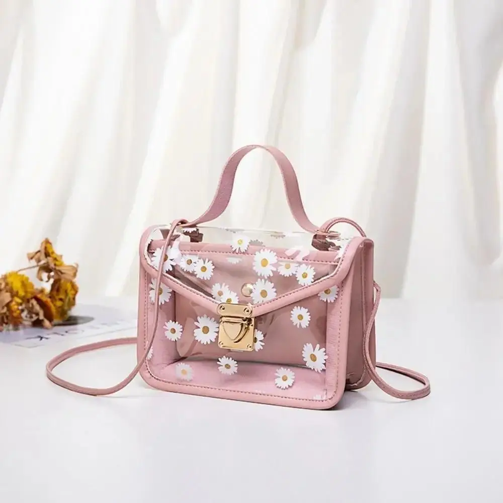 Fashion Women Transparent Daisy Pattern Shoulder Bag Hardware Chain Strap Messenger Handbag Composite Tote Crossbody Bags