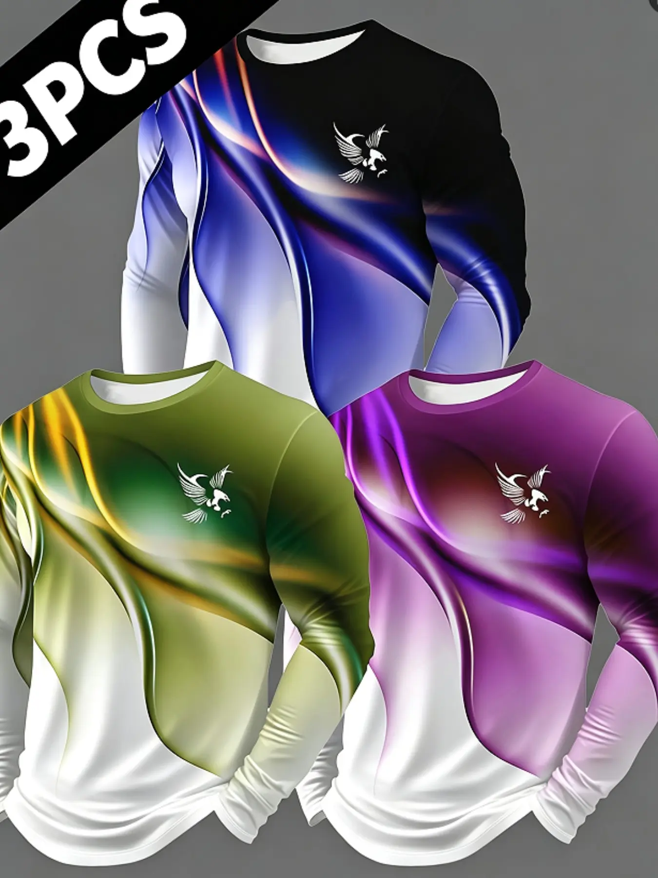 3Pcs Men Gradient Fluid Color Long Sleeve Tops Abstract Eagle Graphic Crew Neck Soft Casual Street Shirts Multipack Daily Wear Tees