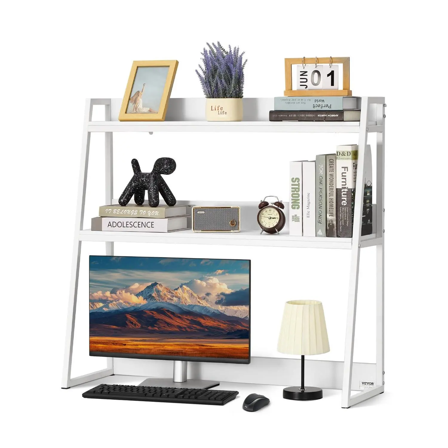 【Summerfinds】VEVOR Desktop Bookshelf, 2-Tier Desktop Storage Organizer, 37.4" x 12.6" x 35.4" Office Desk Storage Rack Display Shelf, Desktop Bookshelf Hutch with Anti-Slip Feet Pads, for Office, Home & Dorm, Whi