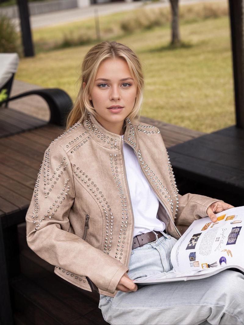 Women's Spring Autumn Jacket, Casual Fitted Long Sleeve, Vintage Stand Collar, Rivet Motorcycle Jacket with Zipper Pockets