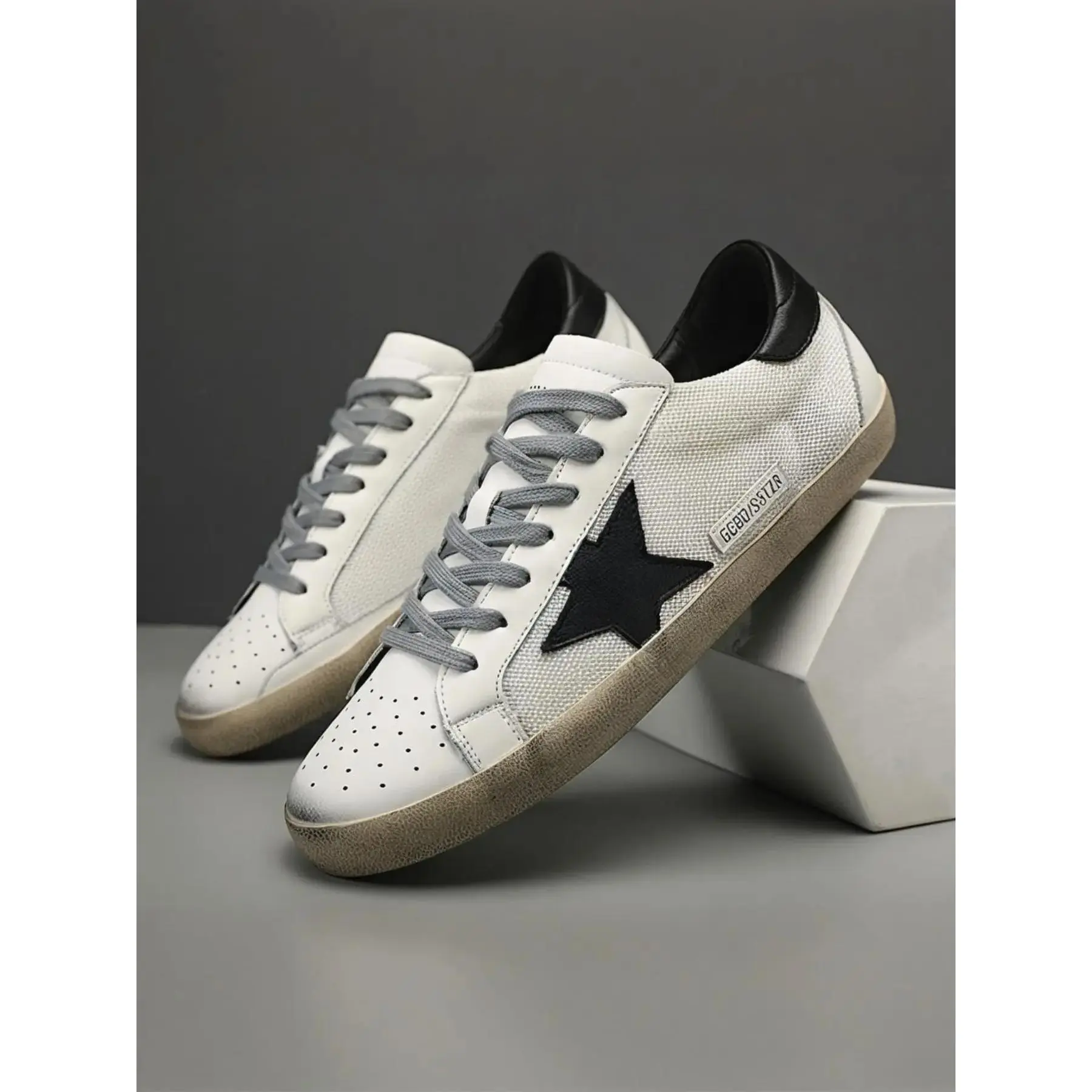 Men's Leather Star Sneakers, Vintage Lace-Up Sports Shoes, Breathable Mesh Design, Casual All-Season Footwear, Durable Comfortable