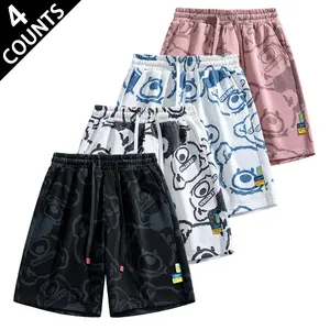 4-2 PACK Men’s All Over Cartoon Bear Printed Sweat Shorts, Elastic Waist With Drawstring Loose Streetwear Bottoms, Four Colors For Daily Wear, Sports & Lounging