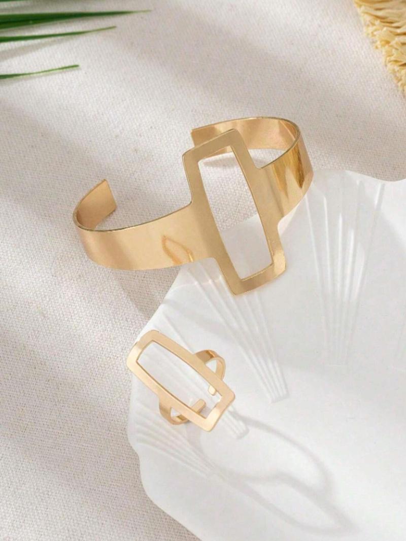 Fashion Simple Geometric Square Design Jewelry Set, Hollow Out Ring & Bracelet, Fashion Jewelry for Party, Daily Clothing Decor, Trendy All-match & Exquisite Jewelry for Birthday Gift, Elegant Jewelry Set