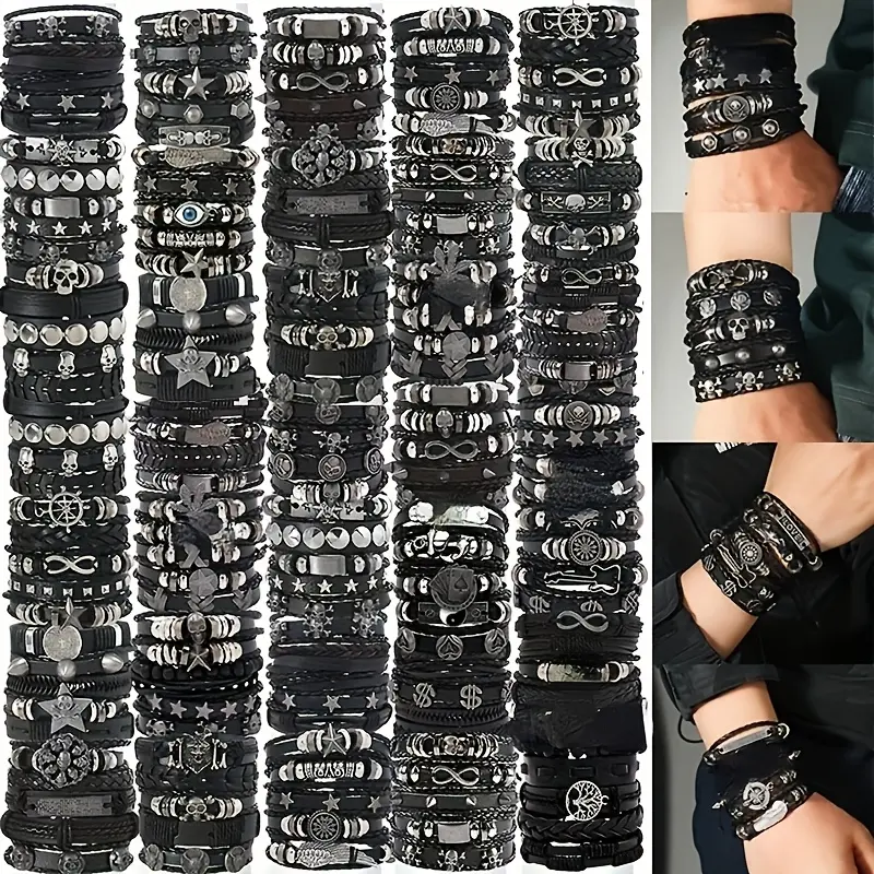 Unisex 18/28/35Pcs Fashion Punk Bracelet Set - Faux Leather Alloy Mix Skull Charms Stacked Bands, Casual Everyday Wear Accessory for Halloween Parties, Valentine's Day Gift