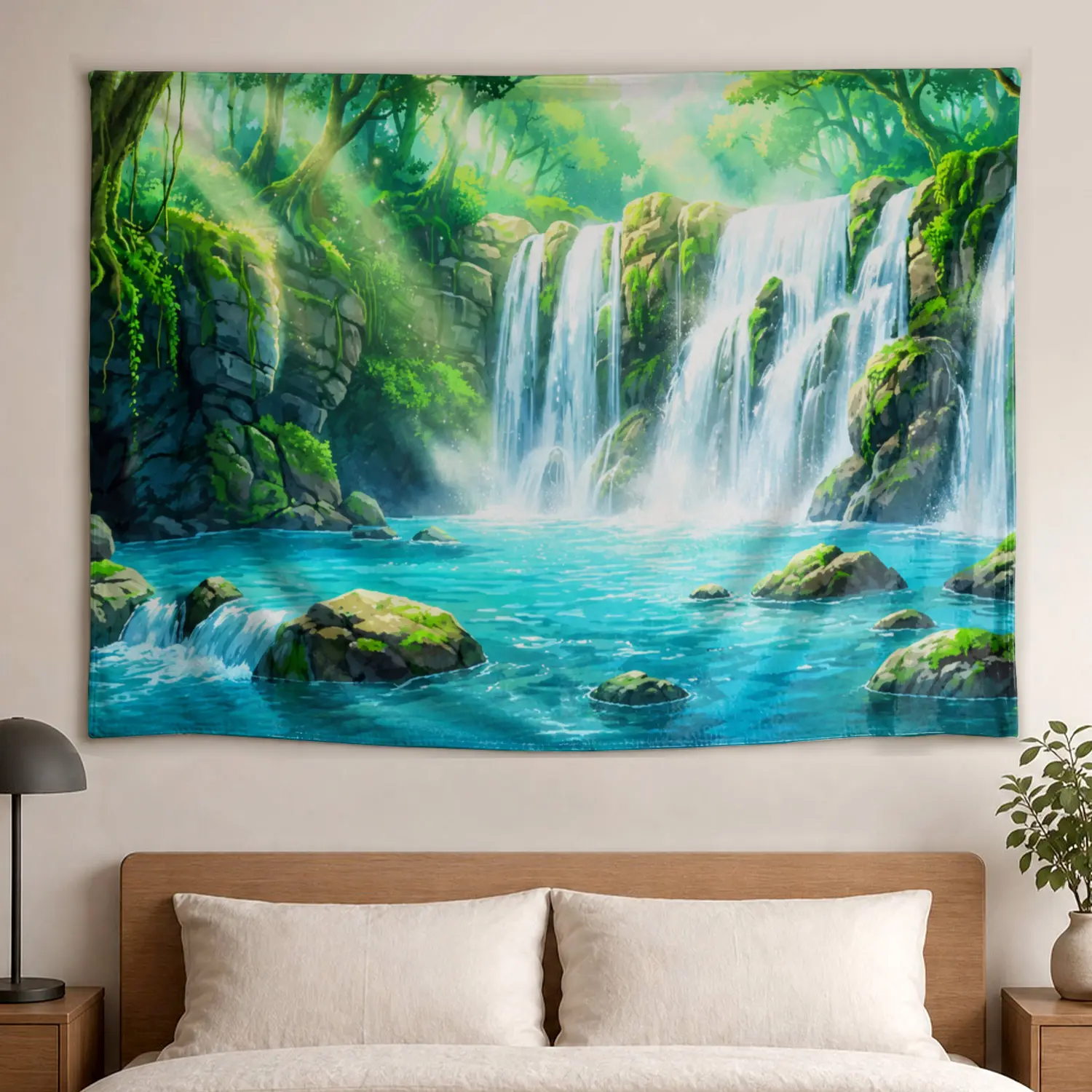 Green Forest Waterfall Nature Landscape Wall Tapestry - 1-Piece Multi-Size Polyester Decoration, Large Horizontal Printed Hanging for Living Room Wall Decor, No Installation Required, Indoor-Outdoor Family Gift