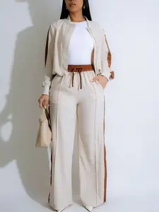 Women's 2-Piece Colorblock Patchwork Fitted Zipper Jacket & Wide-Leg Pants Set, Casual Streetwear, Daily Commute Fashion, Trendy Women's Clothing