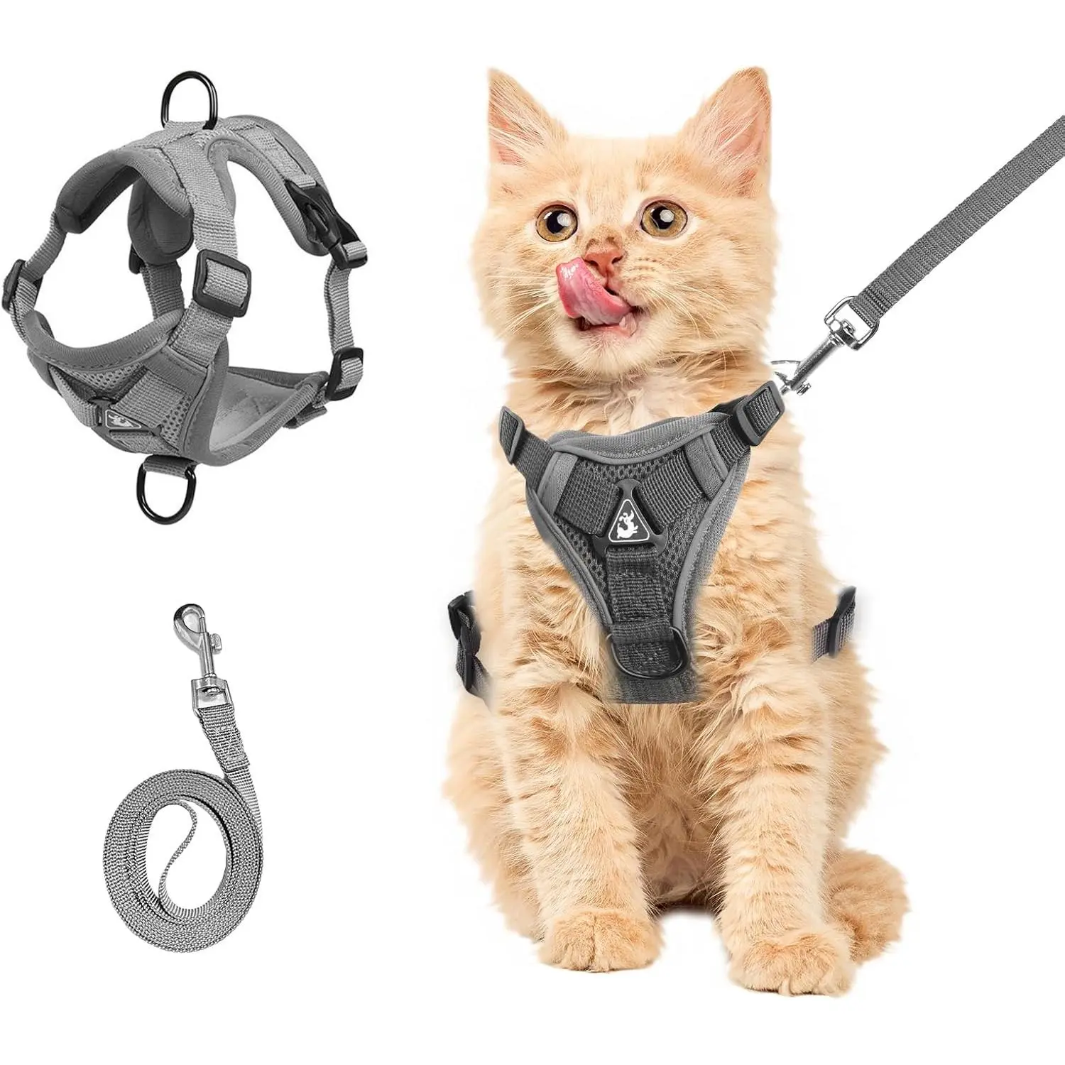 Chest Harness and Leash, Anti-Escape Adjustable Soft mesh  Leash and Chest Harness Set for  Types of Cats  Vests (Grey, 3.3-6.6lb)