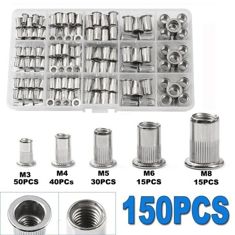 Threaded Insert Nut Set, M3/M4/M5/M6/M8 Threaded Nut Set, Stainless Steel Rivet Nut Assortment Kit