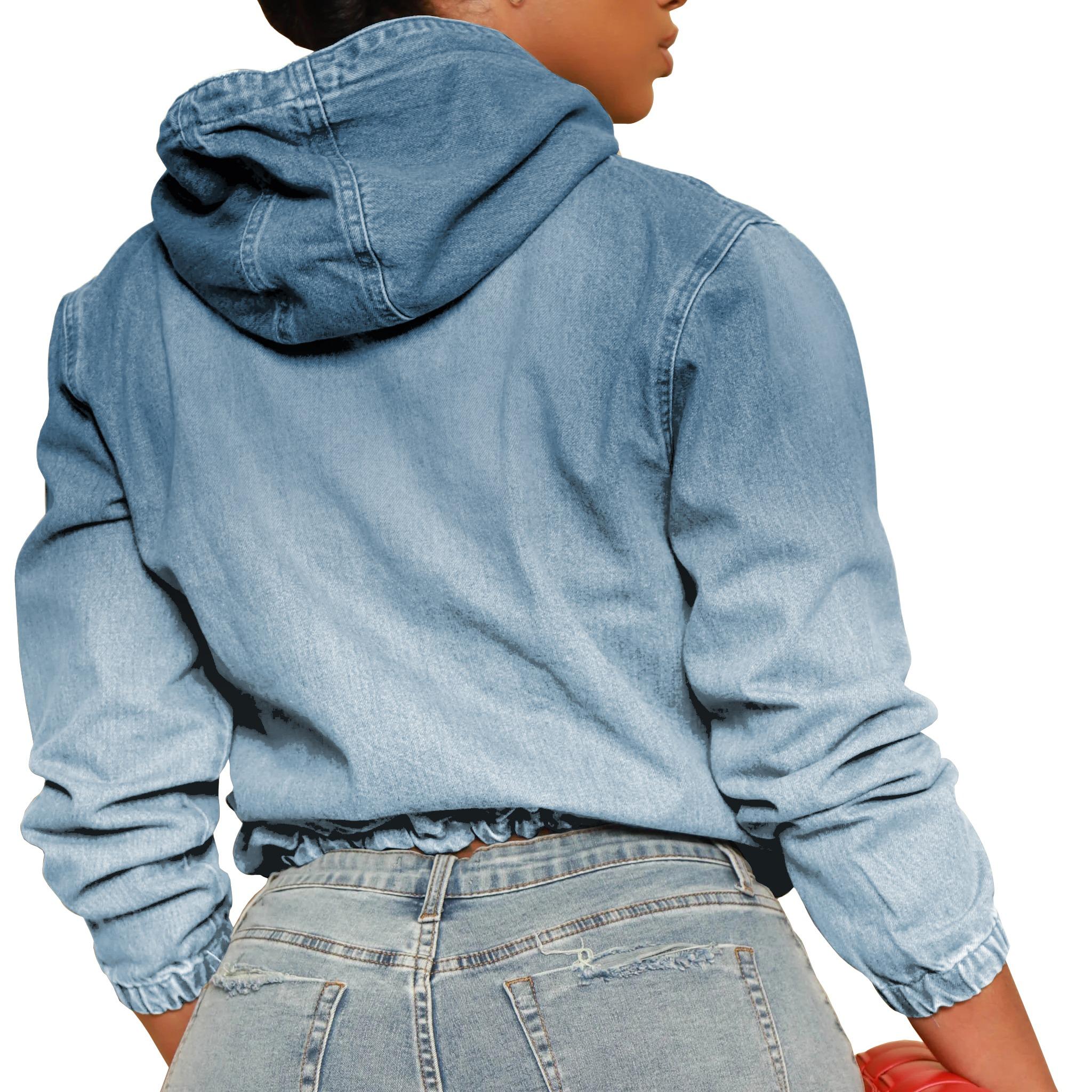 2026Women'S Half Zip Denim Hoodie Pullover Jacket Jean Tops..