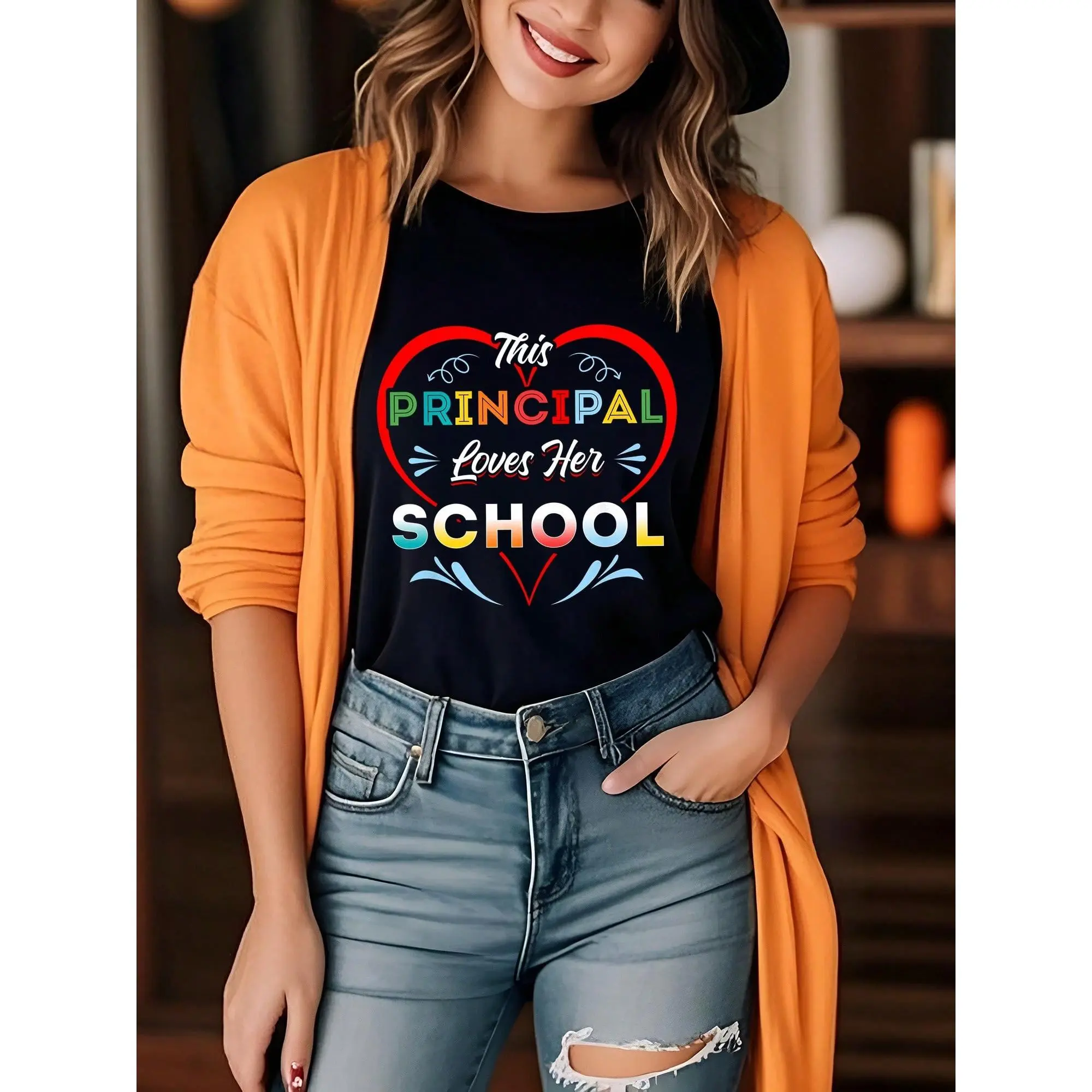 Women's This Principal Loves Her School Heart Graphic T-Shirt, Crew Neck Soft Cotton Casual Loose-Fit Short Sleeve Tops, Comfort Breathable Tees For School Work, Teacher Meetings, Daily Casual, Back To School, Office & Weekend Casual Wear funny usa flag