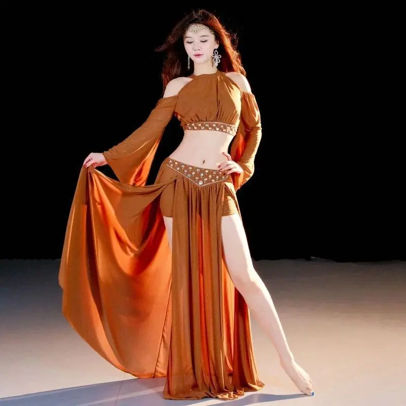 Belly Dancer Costume Rhinestone Mesh Performance Set Adult Oriental Dance Practice Outfit Group Dance Women's Dancing Clothing