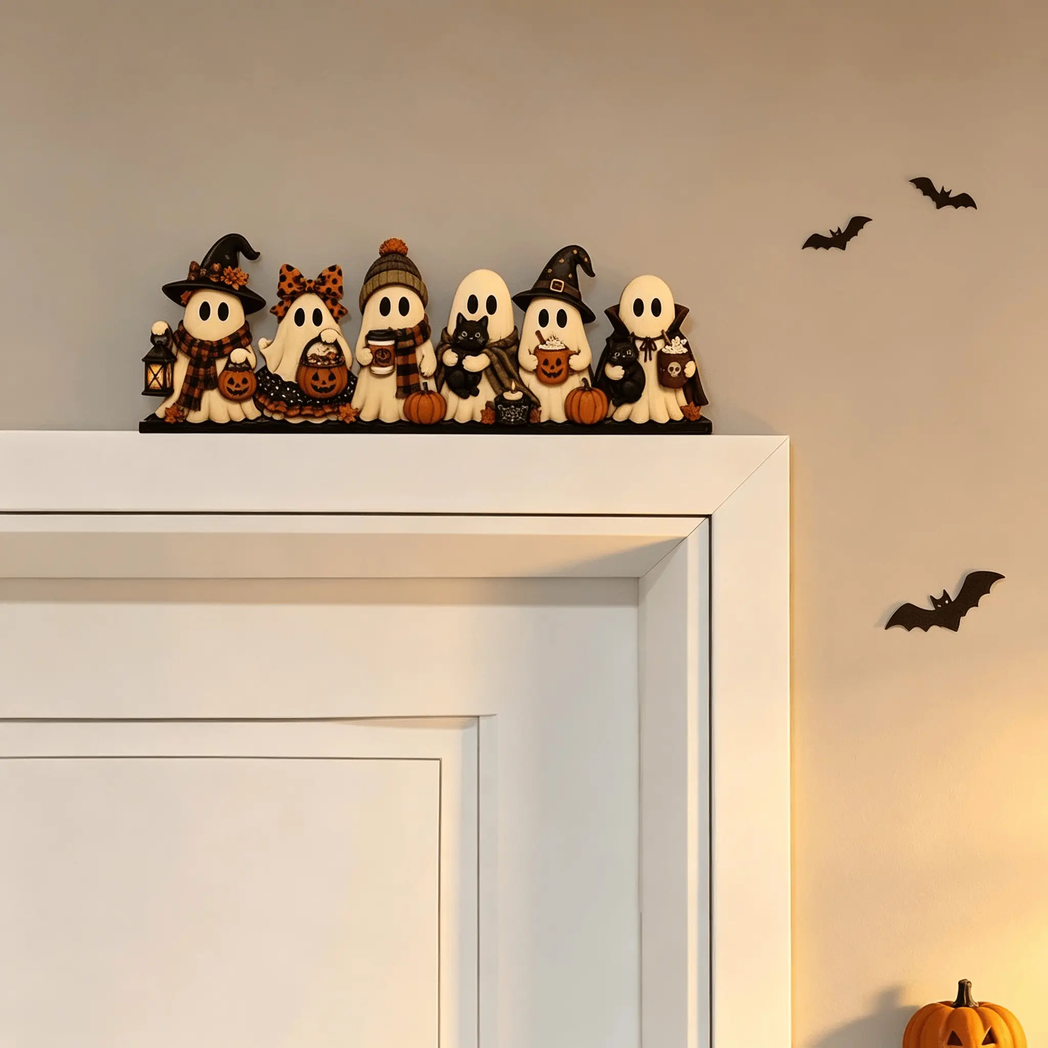 Halloween Ghost Wooden Door Top Decoration, Cute Ghost Desktop Fireplace Shelf Ornament, Vintage Country Style Door Frame Decor, Fall Halloween Party Decor
