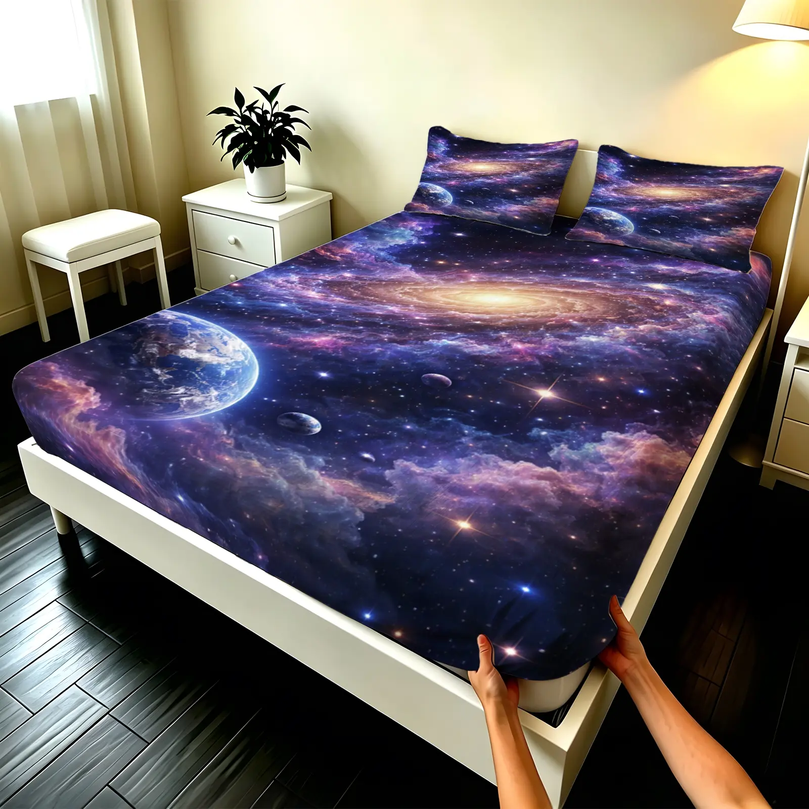 3pcs Fitted sheet Galaxy Nebula Space Printed Pattern Soft Microfiber Bedding Set, Breathable Wrinkle Resistant Fade Proof Cozy Comfortable Set with 2 Pillow Shams for Bedroom Home, Fits Twin Full Queen King Size, Breathable Bedding Sets