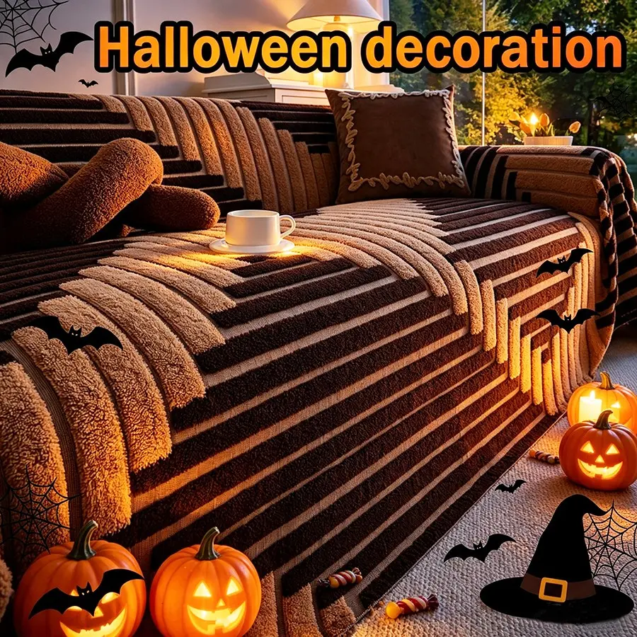 Halloween Theme Plush Thick Sofa Cover, Soft Comfortable Armrest Back Cushion Set, Pet Friendly, Fall Winter Warmth