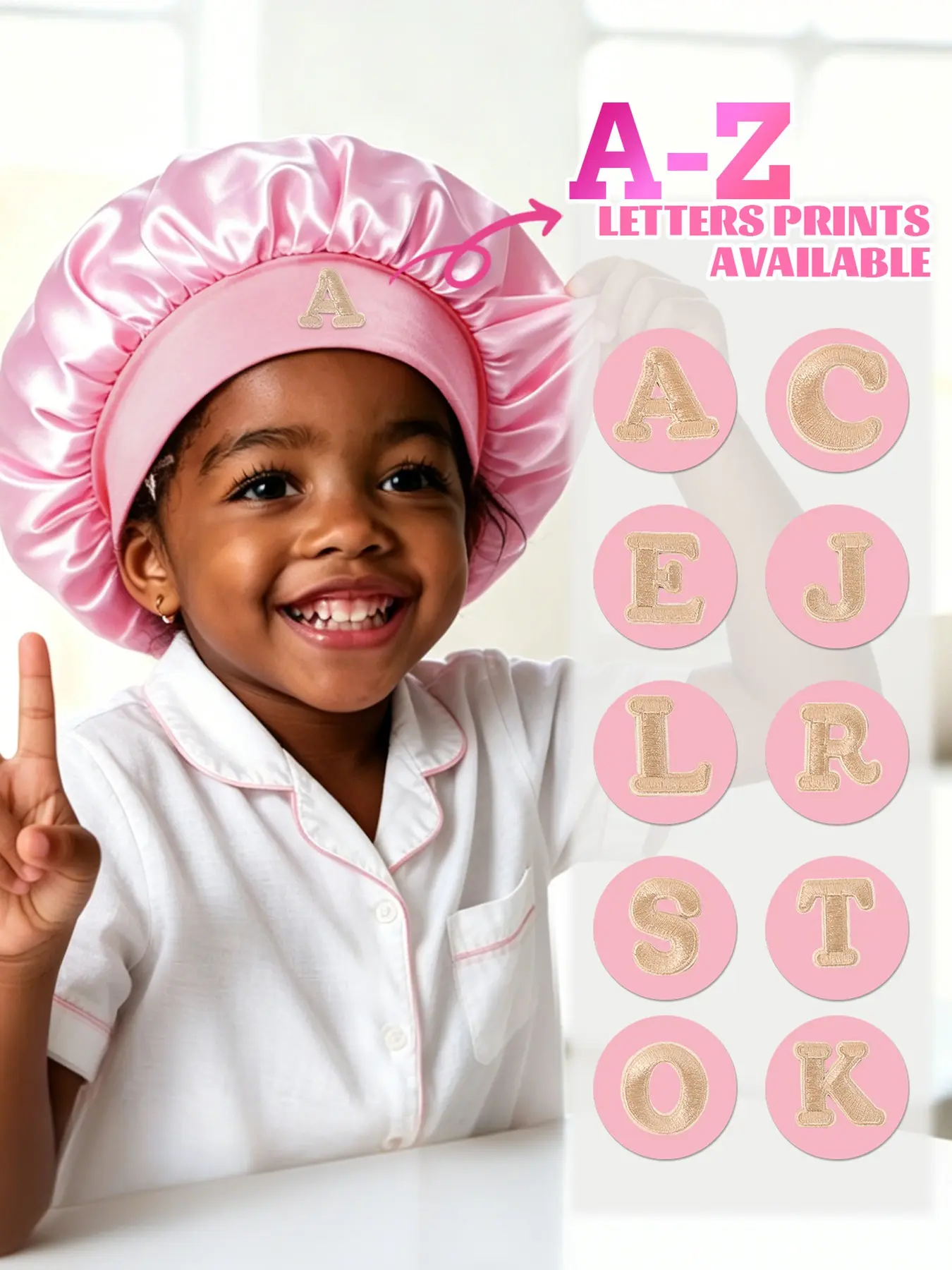 1PC Kids' A-Z Letter Sleep Bonnet, Lightweight & Comfortable Pink Hair Care Cap, Soft & Breathable Night Sleep Cap for Girls to Protect Hairstyles