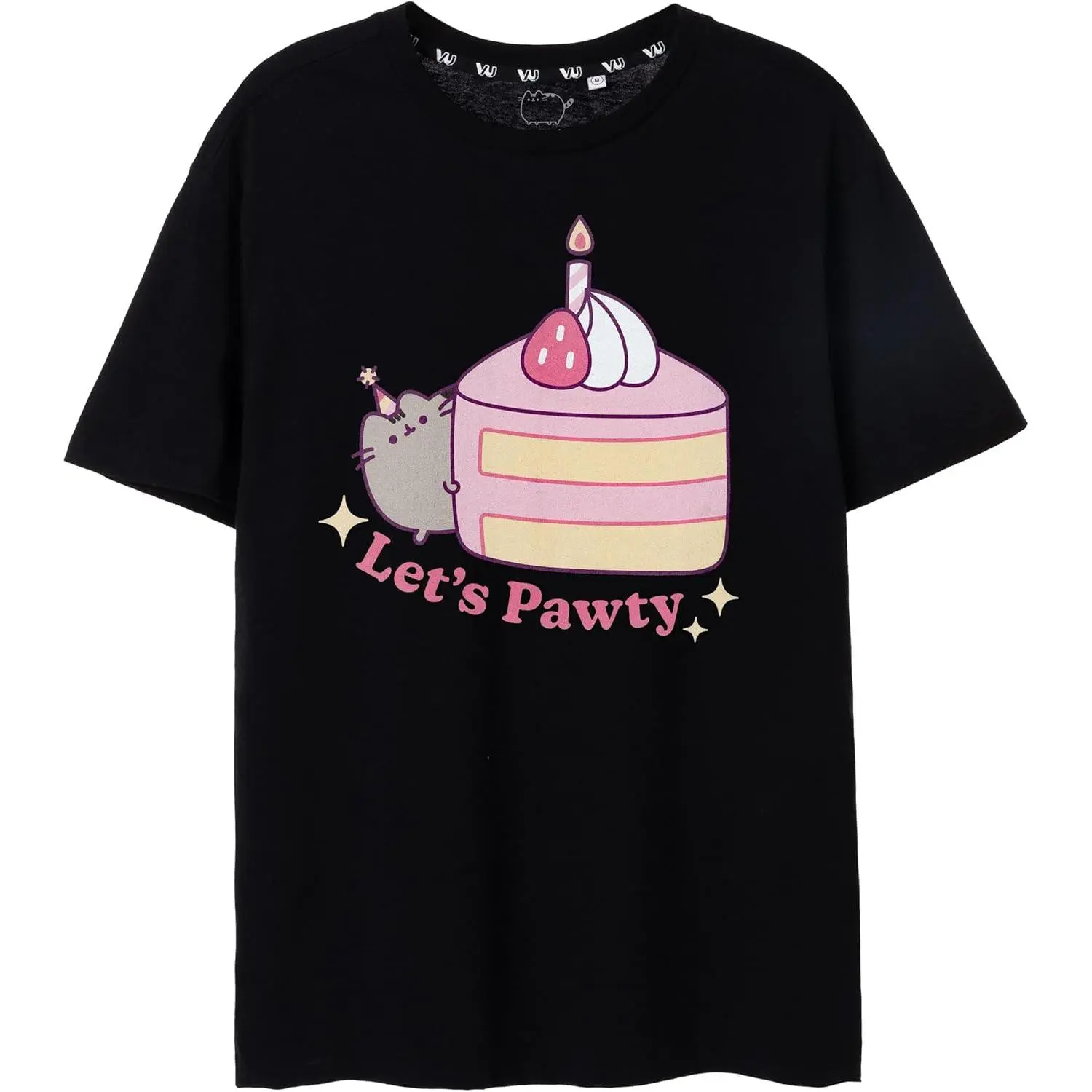 Pusheen Let's Pawty Black Women's T-Shirt| Playful The Cat Design| Adorable Cat Merchandise Pusheen "Let's Pawty" Birthday Cake Graphic Tee Women’s Cute Kawaii Short Sleeve Crew Neck Casual Top