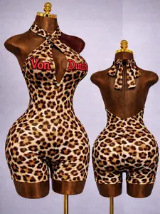 Cross Back Deep V Neck Printed Romper, Fashion Women's Short Pants, All over Print, Fitted Style, Suitable for All Seasons