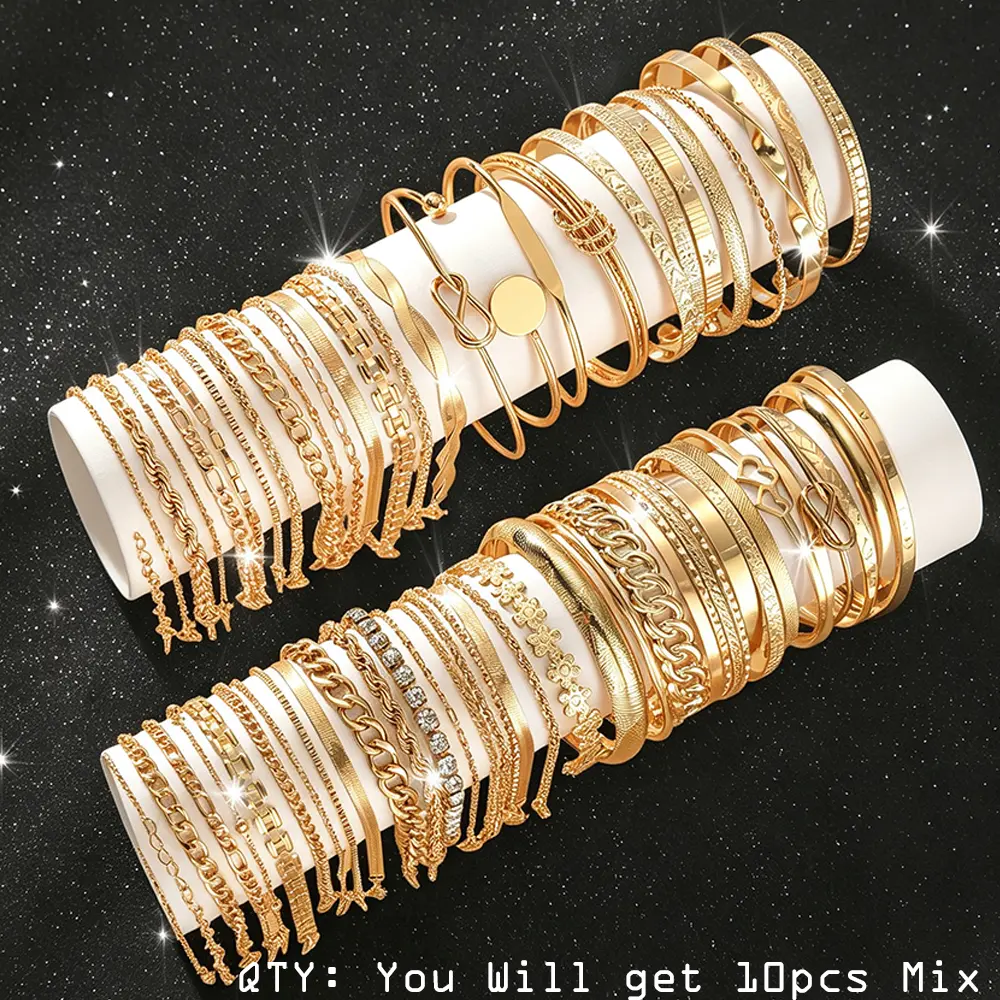 10-Piece Layering Bracelet Set, Elegant Rhinestone Geometric Jewelry for Women, Vintage Zinc Alloy Bangle Pack with Heart & Snake Chains