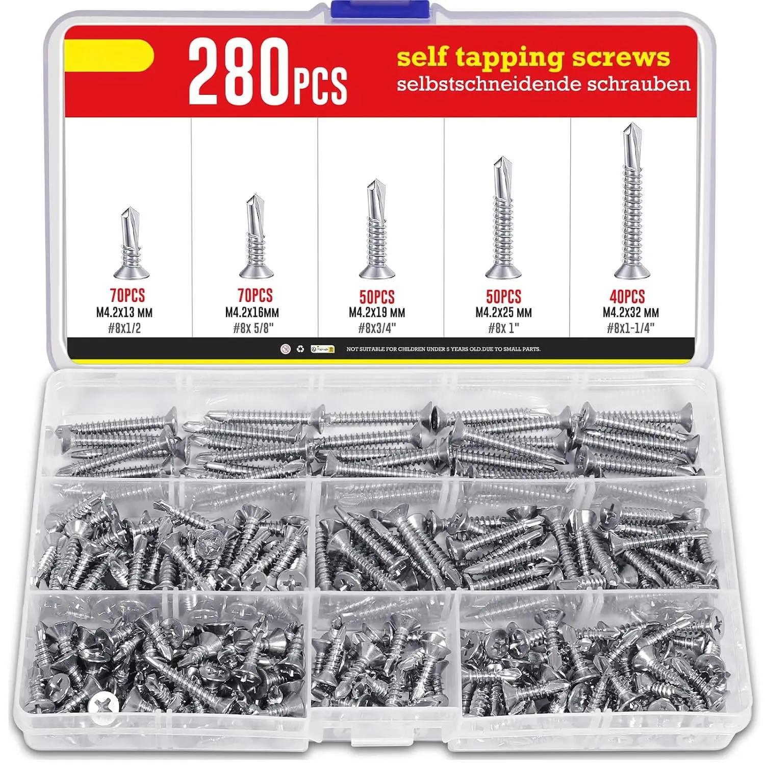 280 count Self Tapping Screws for Metal, 410 Stainless Steel Sheet Metal Screws, #8  Phillips Self Drilling Screws Set for Metal Sheets, , Roofing (1/2", 5/8", 3/4", 1", 1-1/4")