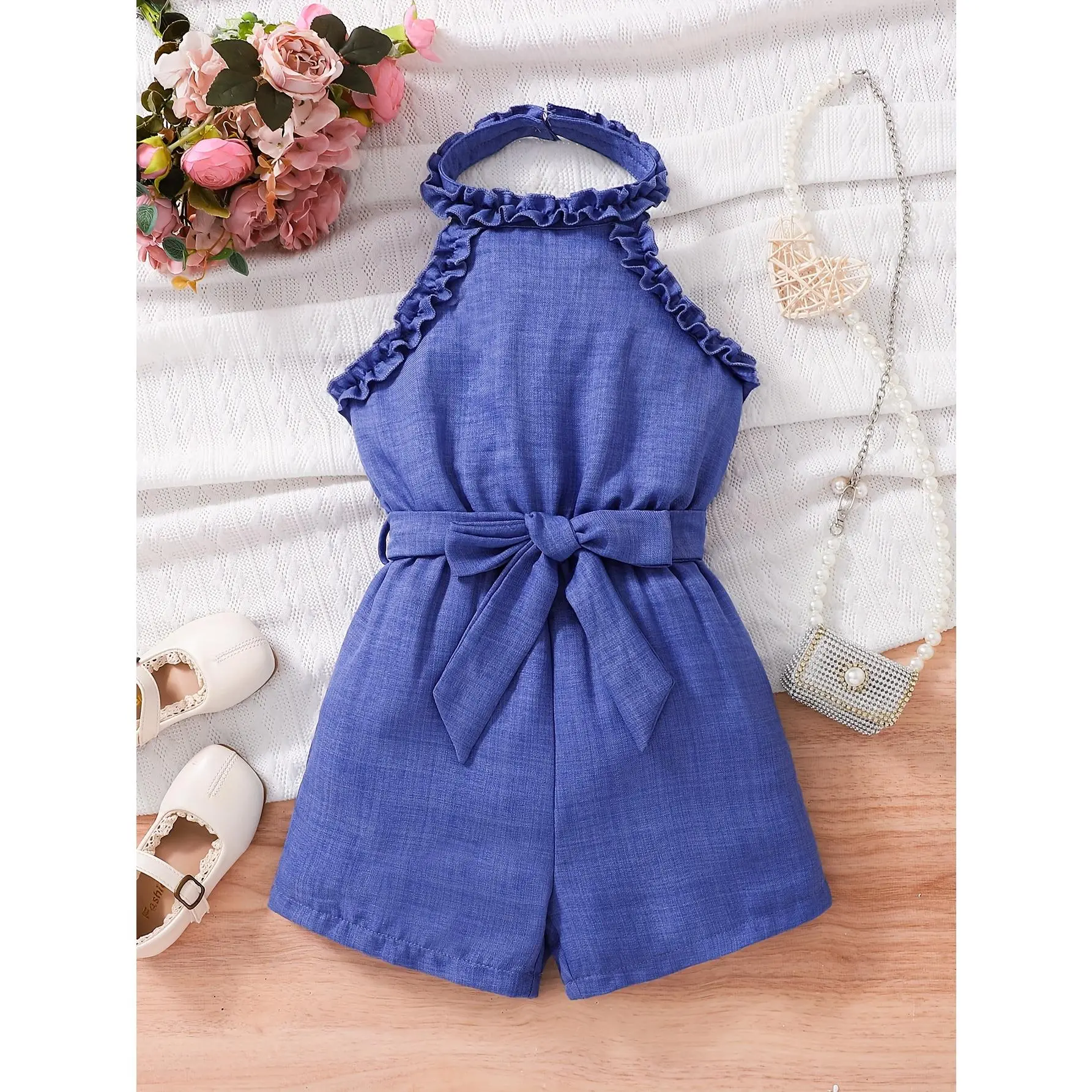 Girls' halter neck romper with ruffled edges + belt, woven faux denim, solid color casual jumpsuit for teenagers, summer style