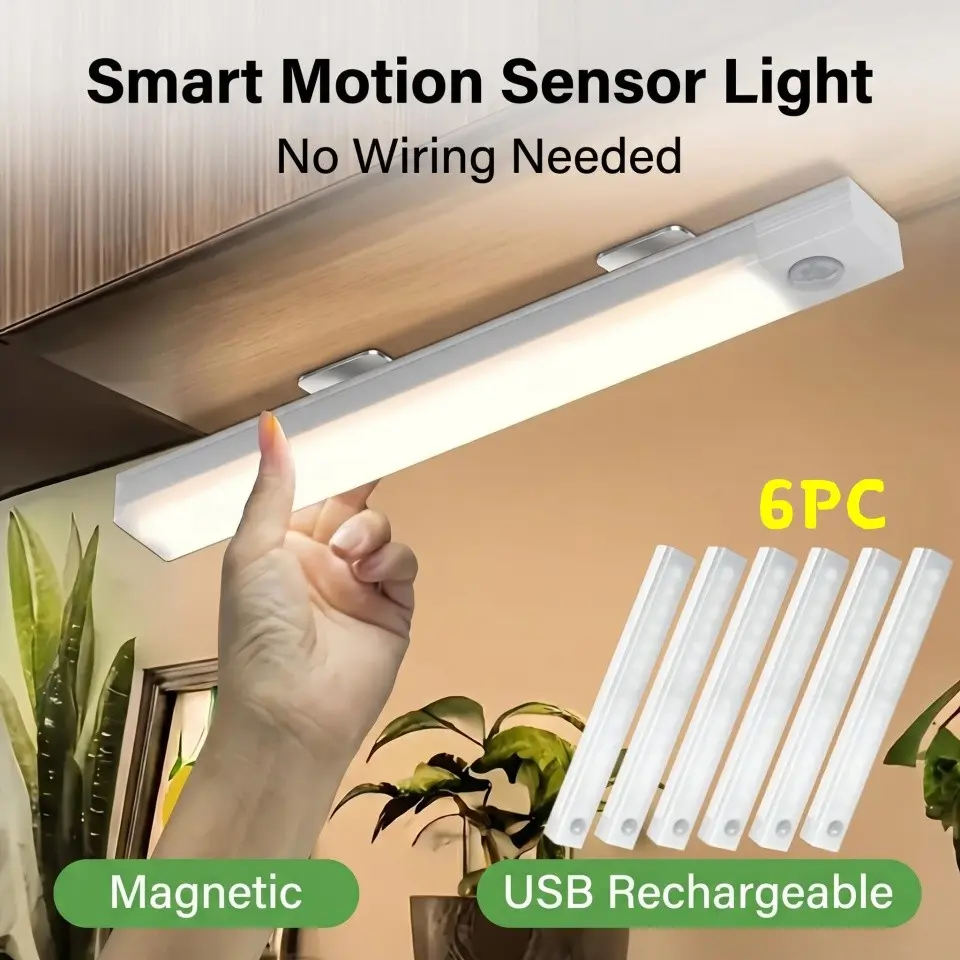6 Pack Rechargeable Motion Sensor LED Under Cabinet Lights, Wireless Installation Stick on No Drill No Wiring, Ideal for Kitchen, Wardrobe, Stairs, Closet