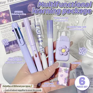 6-Piece Stationery Set, Includes Pencil, Ballpoint Pen, Gel Pen, Highlighter, Correction Tape, Eraser, Multifunctional Office Supplies