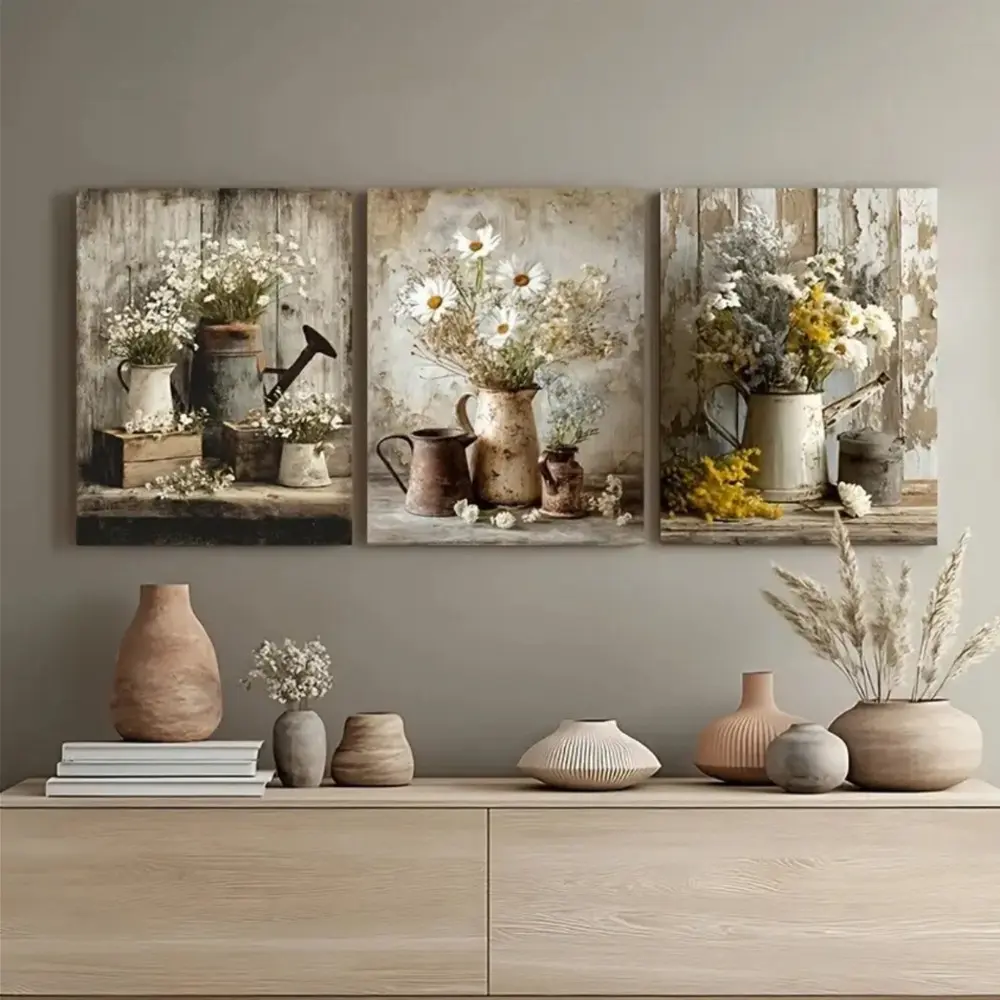 3 Pieces Country Wildflower Canvas Art, Vintage Farmhouse Daisy Floral Still Life, Natural Rustic Home Art, Pastoral Gallery Decor, Soft Tone Painting, Wall Decor for Dining Room and Kitchen, Framed or Unframed.