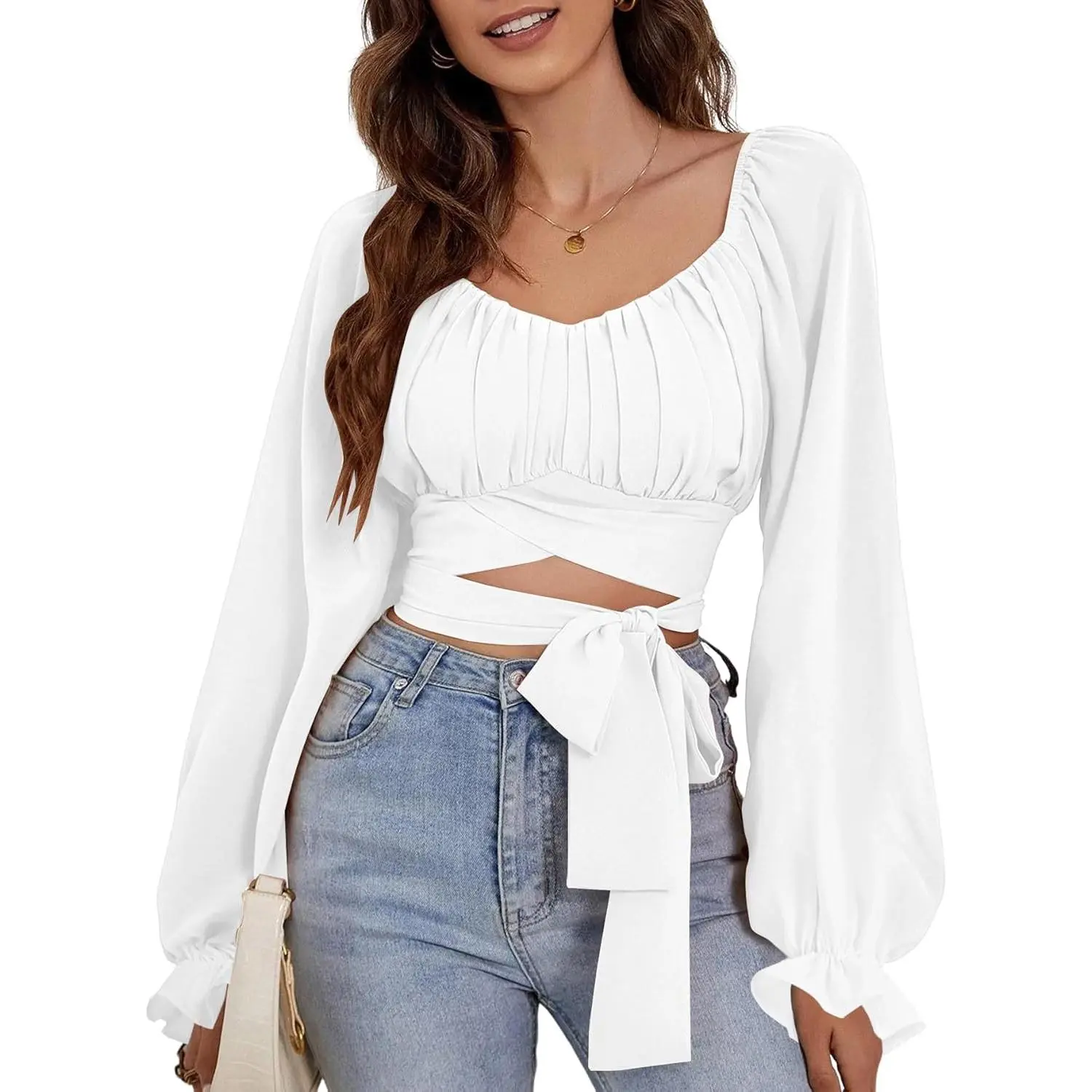 Women's Square Neck Polyester Blend Wrap Top - Crop, Full Sleeves, Shirred, Flounce, Self-Tie Waist & Tie Back, Spandex, Casual Elegant Basic Blouse Shirts
