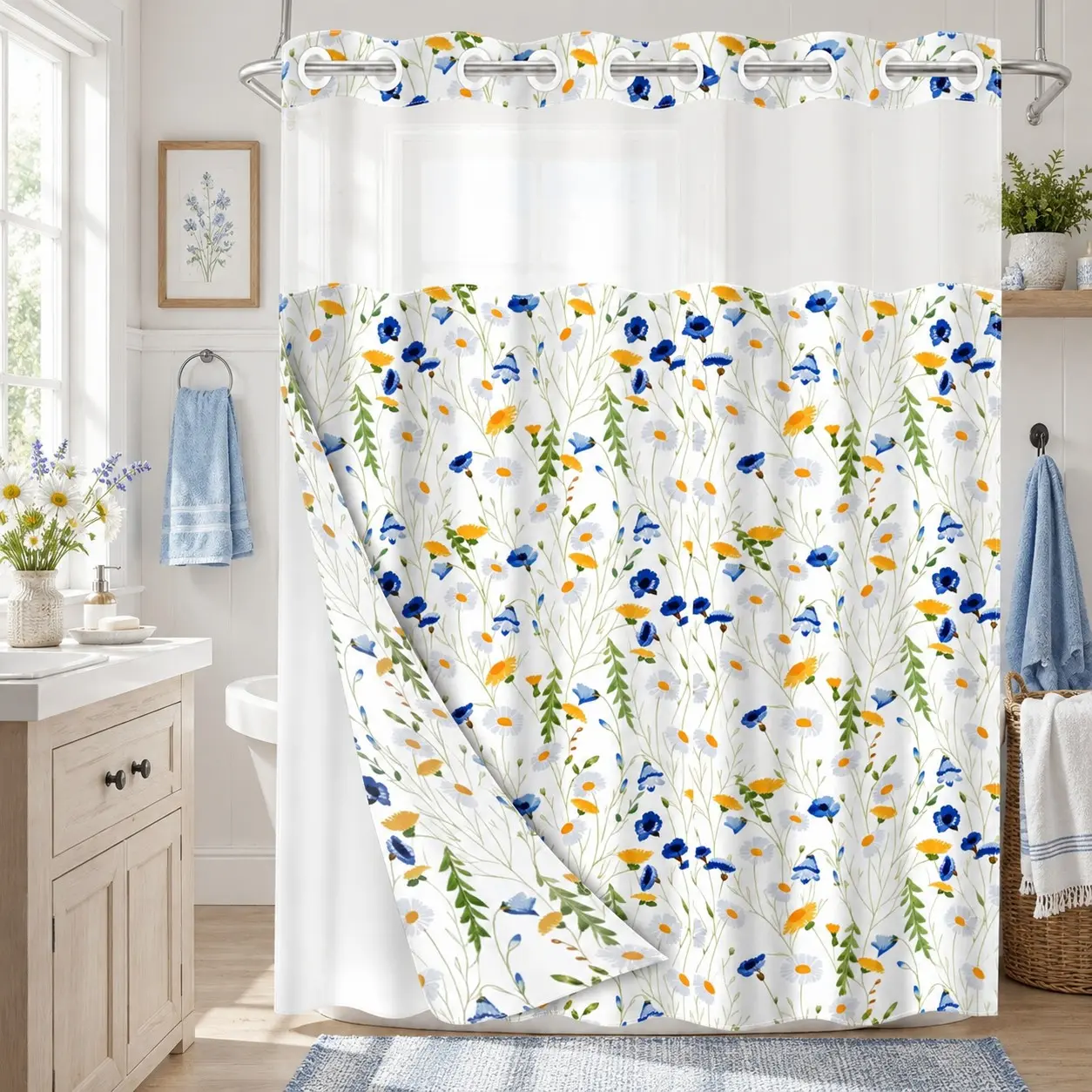 1PC2DFlat Double Layer Shower Curtain, Floral Shower Curtains For Bathroom, Pastoral, Blue & Yellow Daisy Wildflower Print, Clear Top Window & Detachable Snap-In Liner, Waterproof & Mildew Resistant, Thick & Washable, No Hooks Included