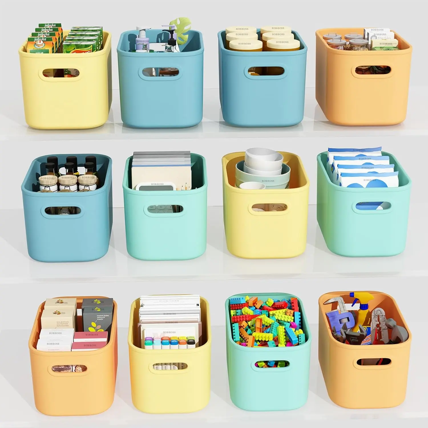 12 Pack Colorful Storage Bins for Shelves, Plastic Storage Containers for Organizing, Stackable Storage Boxes with Handle, Colored Storage Bins for Classroom, Craft, Snacks, Cabinet, 9.7x6.7x5.7 inch