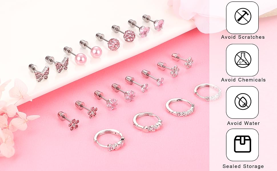 Jstyle 10 Pairs Hypoallergenic Screw Back Earrings for Women Girls 316L Stainless Steel Heart CZ Flower Butterfly Screwback Stud Earring Cute Hoop Earring Set