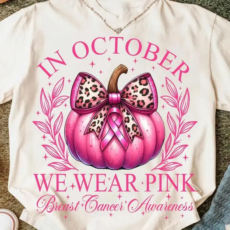 Breast Cancer Awareness Shirt, In October We Wear Pink Leopard Ribbon Bow Pumpkin Shirt Design for Women Fall Support Gift Preppy Pink Ribbon