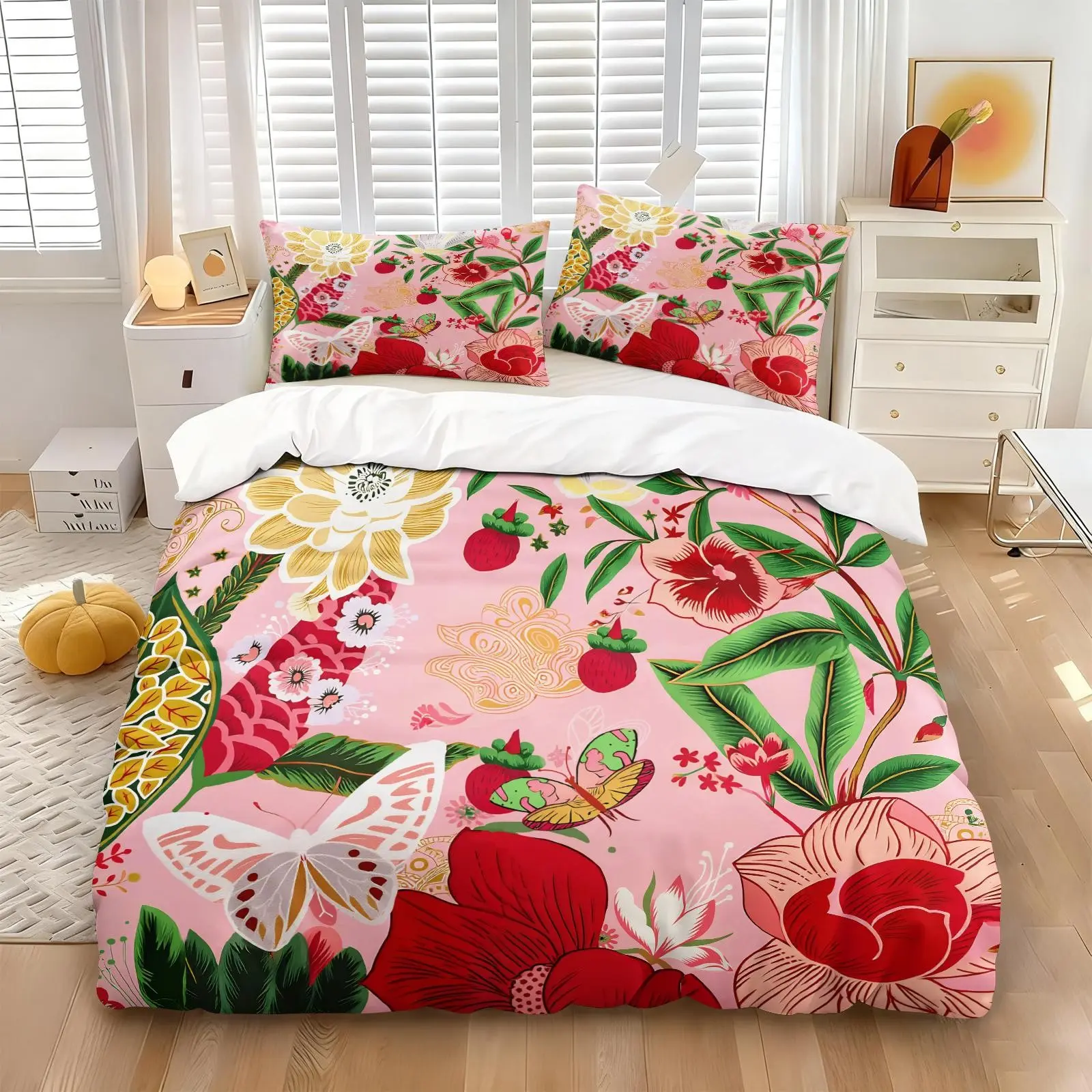 Pink Tropical Flower Butterfly Fruit Duvet Cover Set (Includes 1 Duvet Cover + 1/2 Pillowcases), Ultra-Fine Fiber Soft Breathable Comfy Bed Linens, Bright Cottagecore Aesthetic Bedroom Decor, HD Digital Print All Seasons Bedding