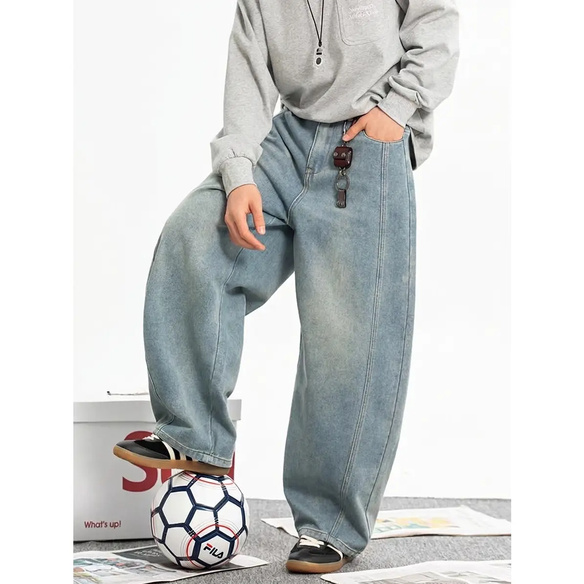 Men's Vintage Pale Blue Horizontal Faded Barrel Baggy Wide Leg Jeans - Vertical Outer Seam Panel, 90s Retro Skate Neutral Streetwear, Casual Cotton Suede Minimalist Oversized Trousers for Content Shooting, Short Trips, Tops, Smooth, Natural, Sneakers, Men