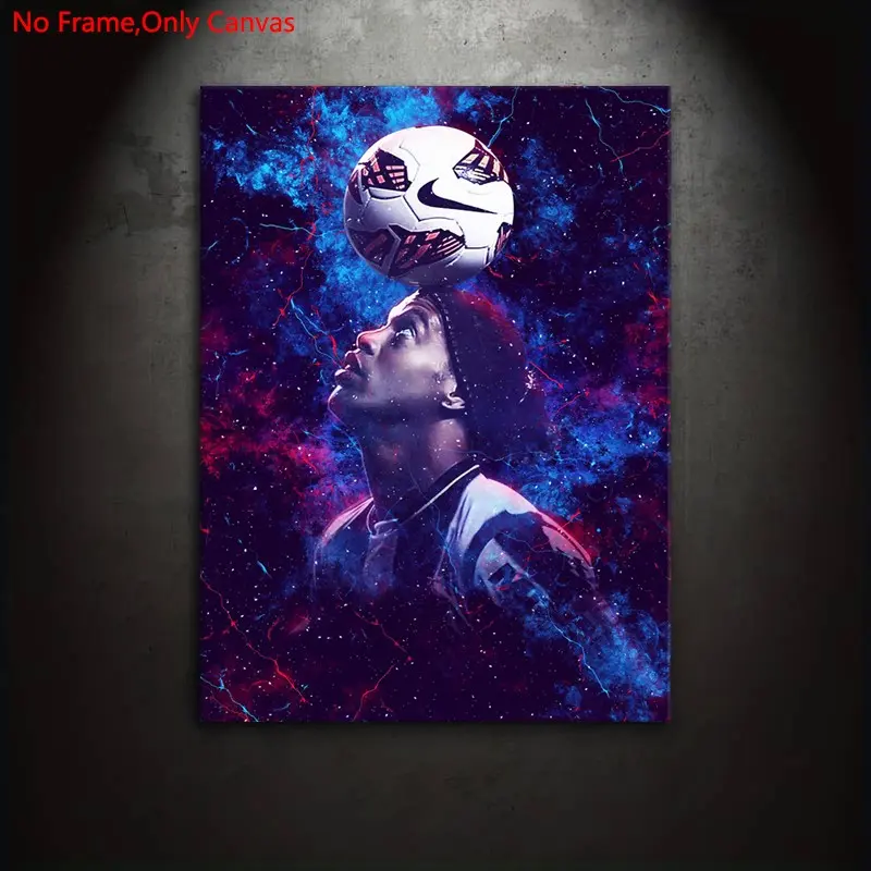 1 Piece/Set Frameless Canvas Painting Print Poster,Classic Psychedelic Dark Minimalist Surrealist Cosmic Football Pop Art,Brazil Legend Ronaldinho Head Juggling,Perfect Gift Soccer Lovers,Ideal Gift Bedroom,Living Room,Dorm Hallway,Mural,Wall Decoration