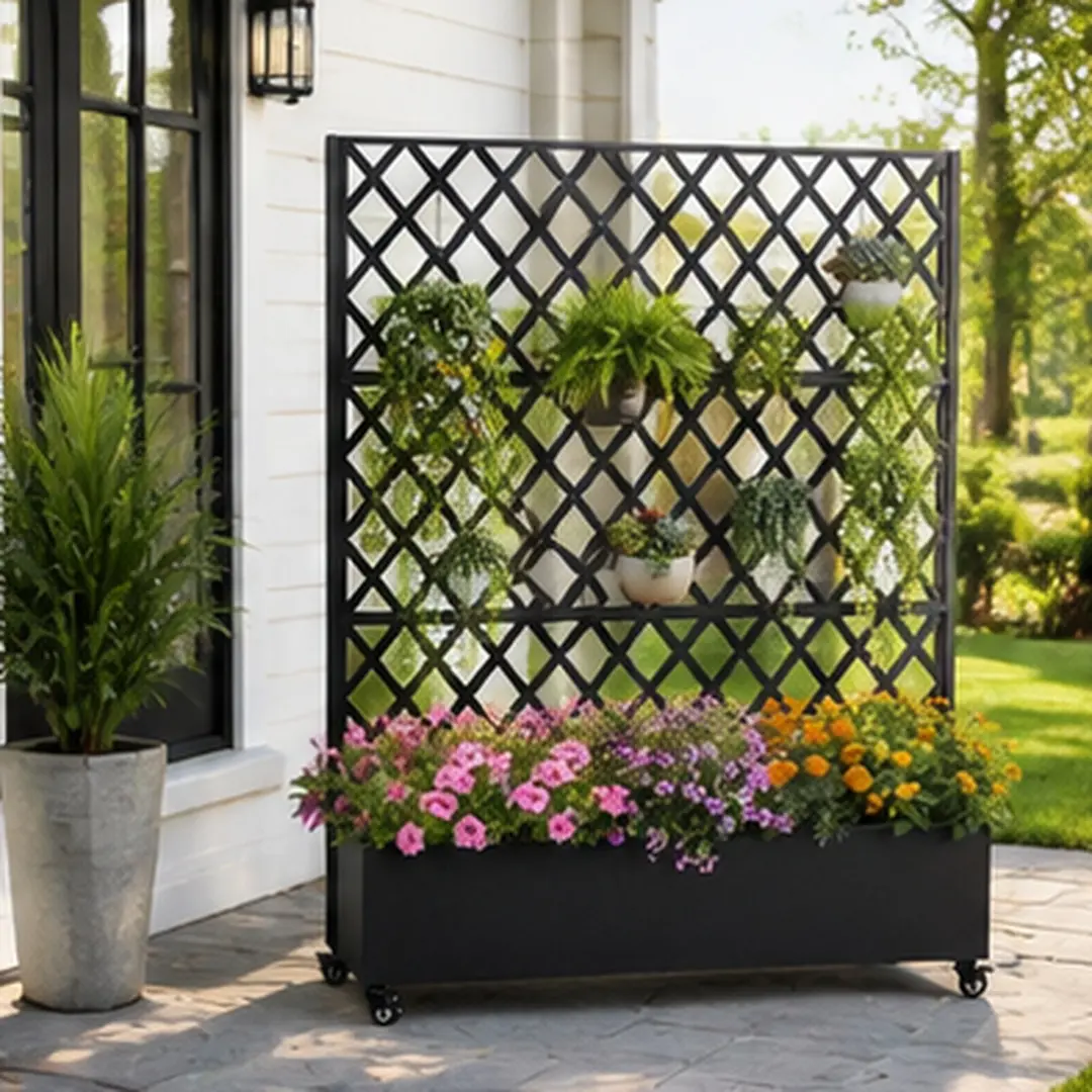 ARCH Galvanized Metal Raised Garden Bed with 4 Locking Mechanism Wheels & Trellis, 73"x47"x16" (16.00" W X 47.00" D X 73.00" H) Outdoor Mobile Elevated Planter Box with Privacy Screen & Built-in Drainage Holes for Climbing Plants, Vegetables, Vines, Black