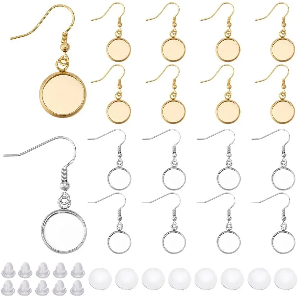 1 Box 60 count 20 Sets 12mm Bezel Earring Blanks Round Earring Bezels Pendant Trays with Glass Cabochons Setting  Ear Backs Accessories for  Making Supplies DIY Dangle Charm Women
