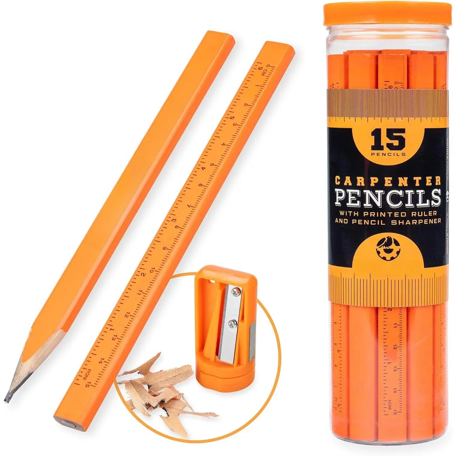 Carpenter Pencils 15 Pack with Sharpener and Storage Container — Flat Construction Pencils for Framing, Woodworking, Concrete, Drywall | For Contractors & DYI