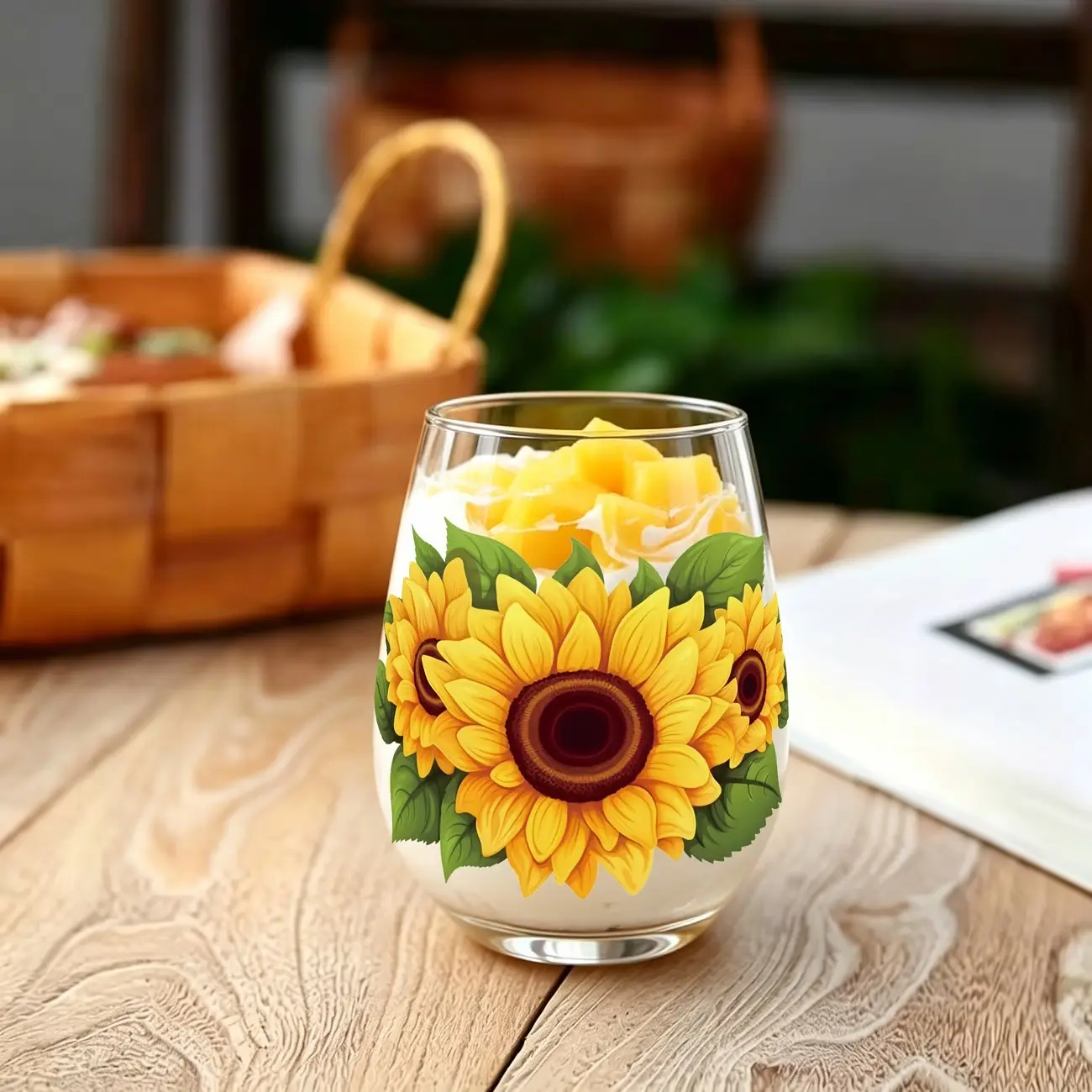 1pc Sunflower Floral Pattern Stemless Wine Glass, 12oz/350Ml Egg-Shaped Glass Cup, Drinking Cup, Champagne And Whiskey Glass, Scratch-Resistant, Reusable Machine Washable Indoor Outdoor Party Cups, Suitable for Home, Office, Bar, Wedding