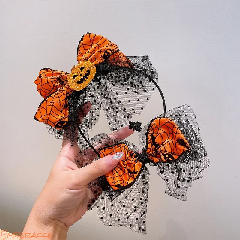 Halloween Pumpkin Tiara Headband - One Size Lightweight Resin Mesh Crown for Women, Spooky Cute Orange Spider Web Bow Costume Accessory for Party, Cosplay