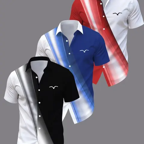 3-Pack Men's Fashion Top Breathable Casual Clothing Gradient Striped Short Sleeve Collared Casual Shirts, Lightweight Summer Outdoor Beach Party Wear, Loose Fit Street Style